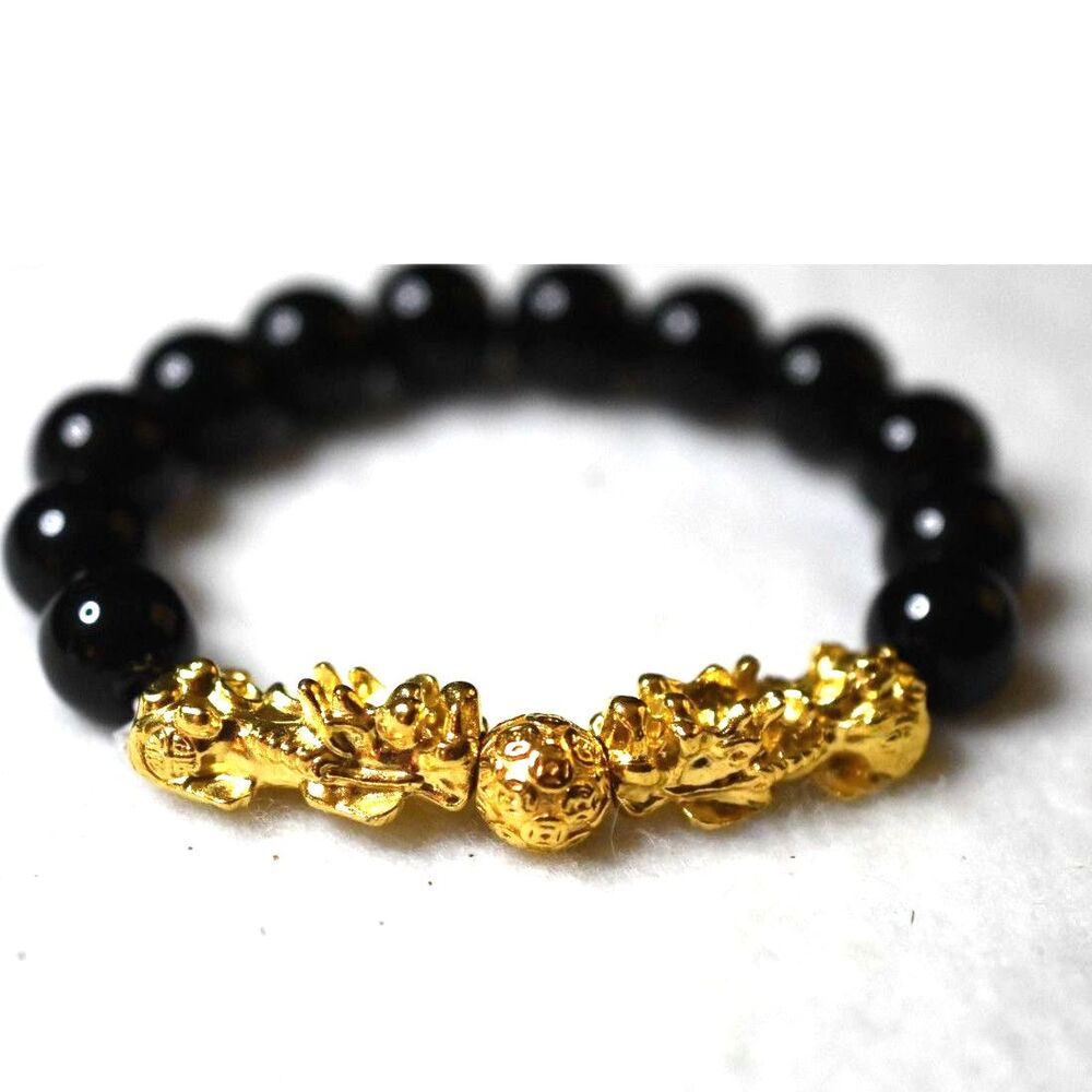 NWOT Feng Shui Gold Tone Double Dragons Acylic Black Beads 6" Stretch Bracelet
